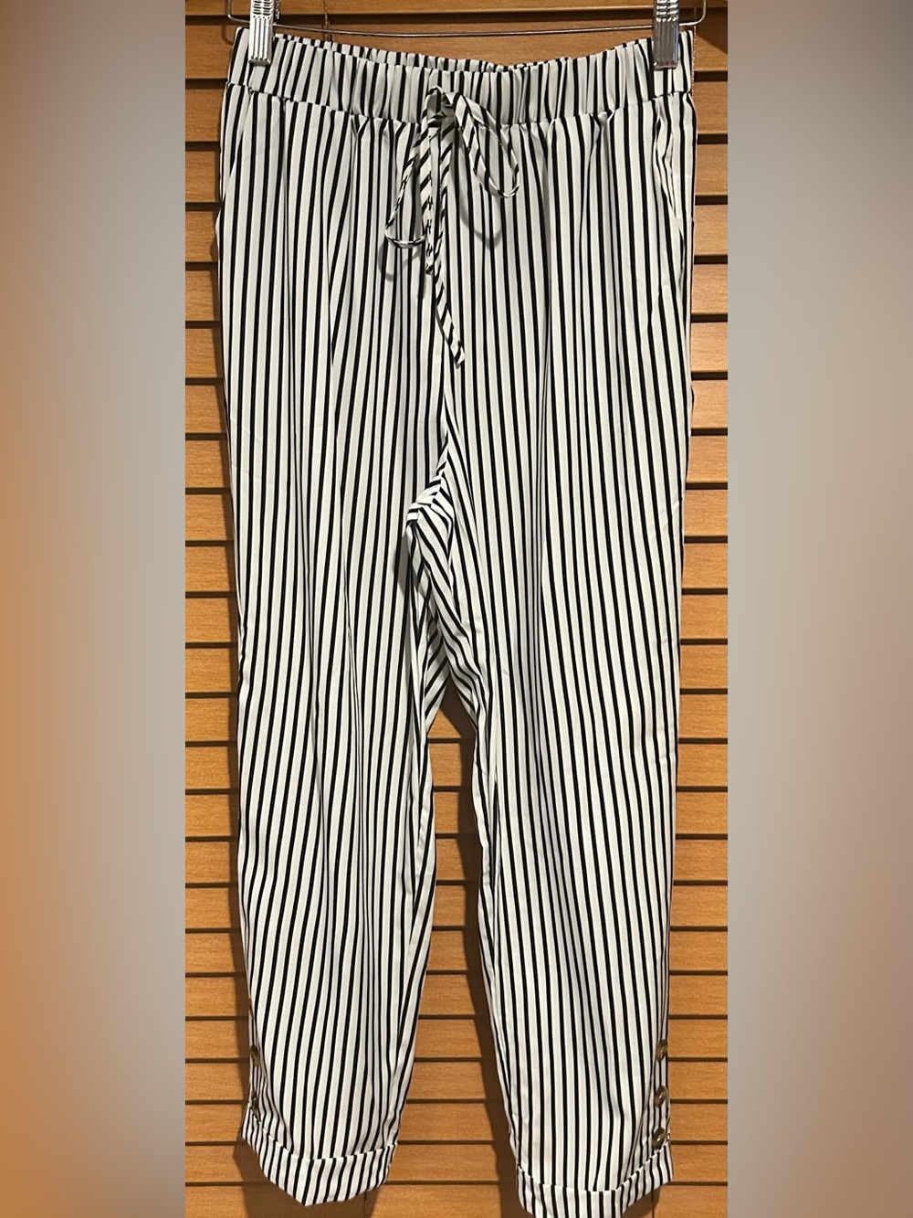 NEW SHEIN Aurora Silk Black & White Vertical Stripe Straight Drawstring Pants - Picture 6 of 9